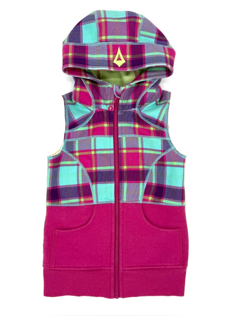 EUC Ivivva by Lululemon Big Girls Pink / Blue Plaid Hooded Fleece Vest 10